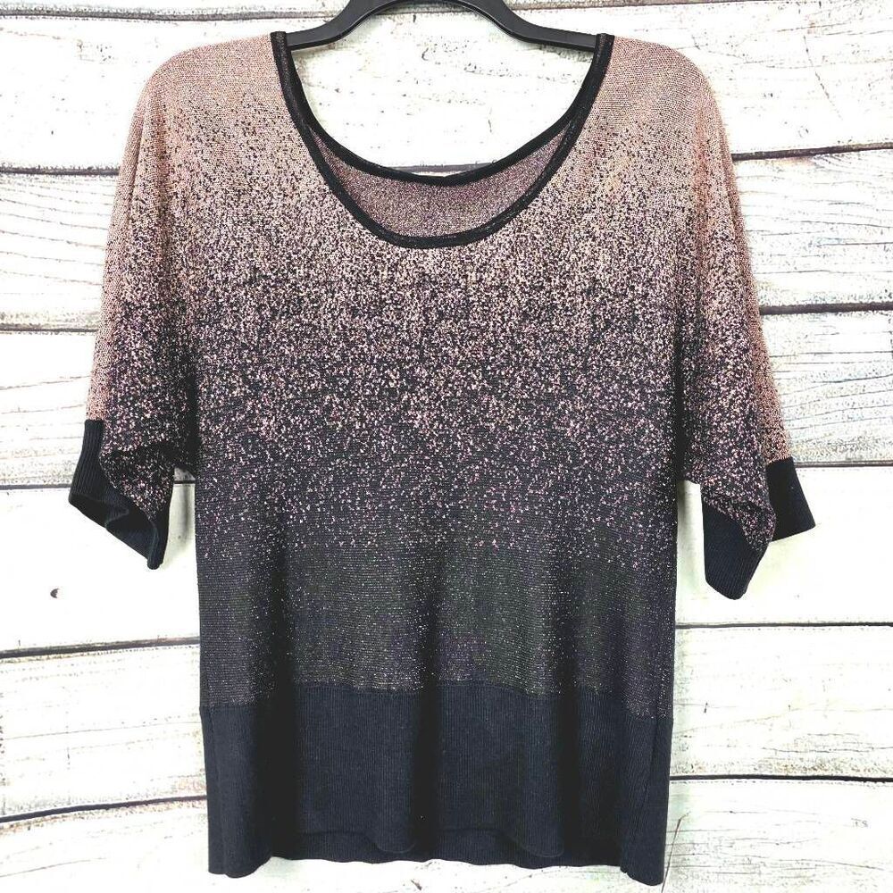 Womens Metallic Ombre Knit Top Black Short Sleeve L